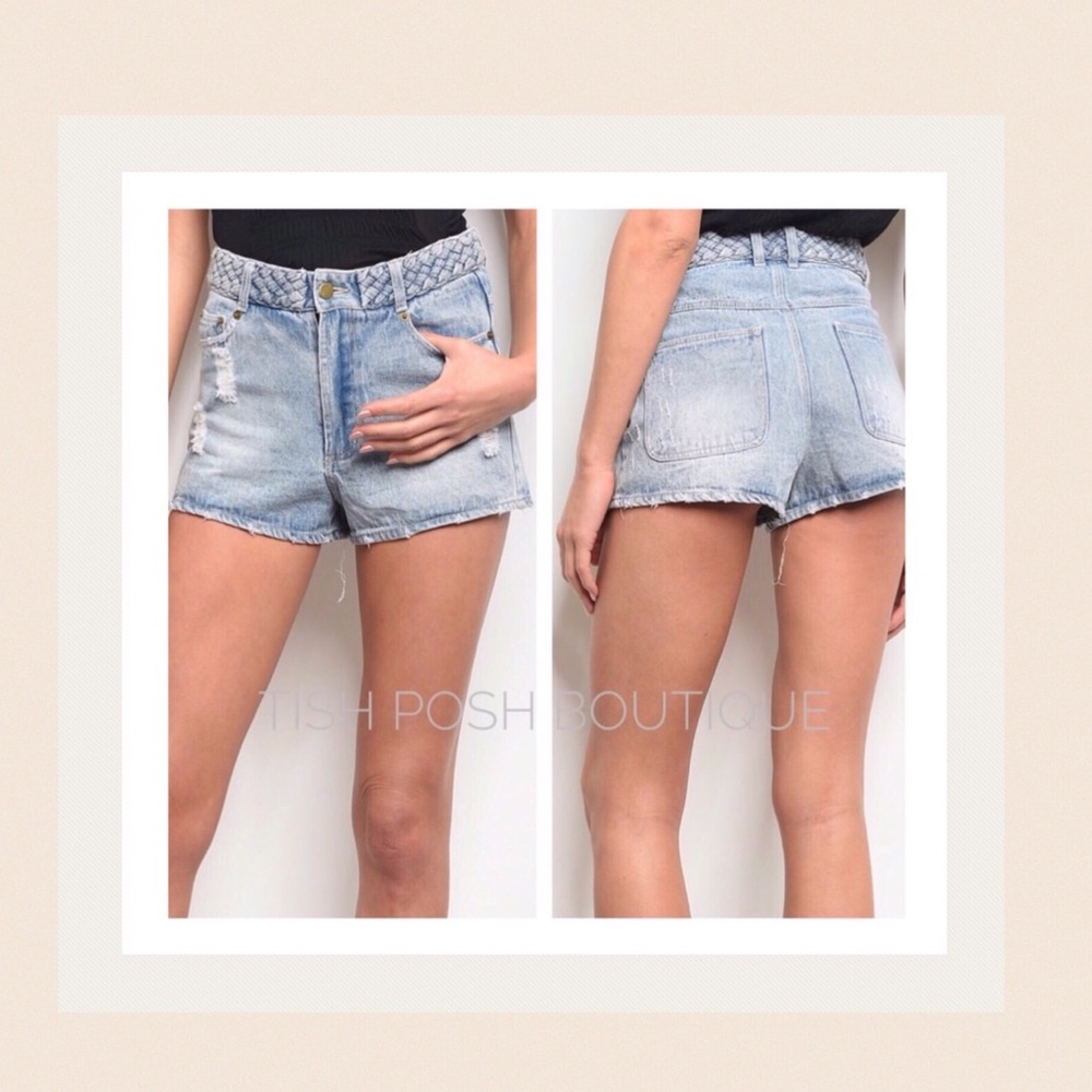 Braided Distressed Denim Shorts - Picture 3 of 5